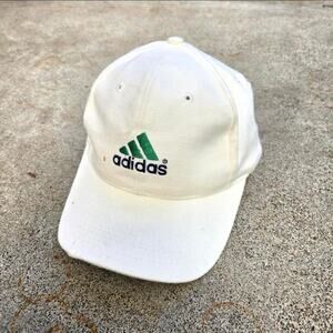 Vtg 90s ADIDAS 3 Stripe Logo Spellout Snap Athletic Snapback Hat Cap White